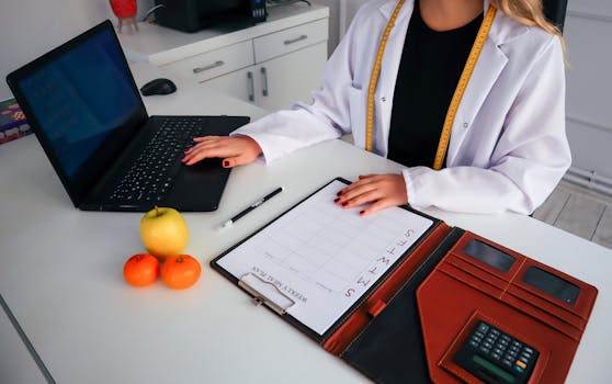 Dietitian working on meal plan with laptop, fruits, and calendar for health consultation.