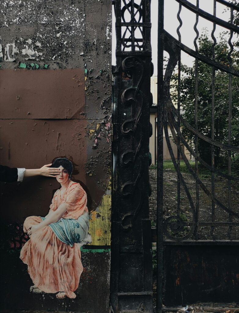 pexels-photo-2901458-2901458 A creative collage of a lady in classical attire against a textured street wall near an ornate gate.
